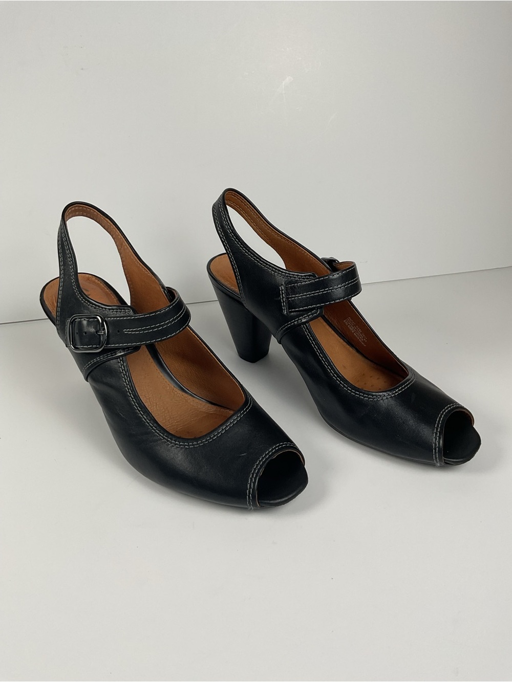 Clarks Artisan Black Leather Slingback Peep Toe Heels Women’s 9.5M - Picture 4 of 11